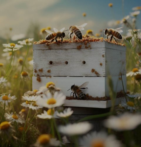 beehive-with-bees-buzzing-around-field-with-chamomiles